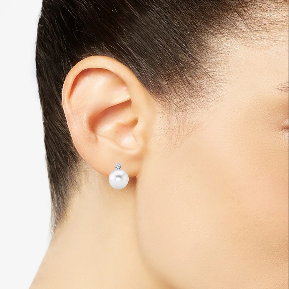 Pearl earrings sterling silver diamond accent